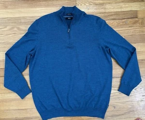 HUGO BOSS 1/4 ZIP BLUE SWEATER EXTRAFINE MERINO WOOL MADE IN TURKEY SLIM FIT XXL - Picture 1 of 13