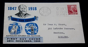AUSTRALIA 1949 JOHN FORREST EDICIÓN EN MILLERS PRIMER DÍA CUBIERTA LOGOTIPO AZUL N.º2 - Imagen 1 de 1