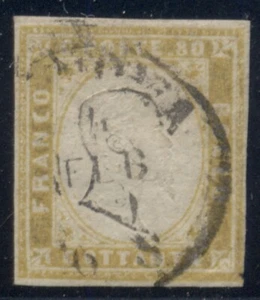 ITALIAN STATES SARDINIA #14C, 80¢ ocher, used, 4 margin stamp, Scott $540.00 - Picture 1 of 1
