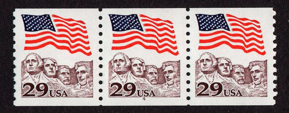 UNITED STATES, SCOTT # 2523, COIL STRIP OF 3 STAMPS PNC # 4, FLAG OVER RUSHMORE - Image 1 of 1