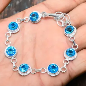 Swiss Blue Topaz Gemstone Handmade  Jewelry Bracelet 7-8" j094 - Picture 1 of 4