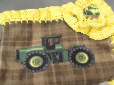 Baby Blanket John Deere Boy Fleece Brown Green Tractor With Yellow Crochet Edge - Image 1 of 4