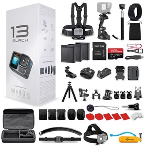 Go Pro HERO13 Black - With 50 Piece Accessory Kit and 2 Extra Batteries + 64GB - Picture 1 of 10