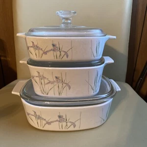 Corning Ware Shadow Iris Set Of 3 Casseroles With Pyrex Lids. Beautiful Set! - Picture 1 of 14