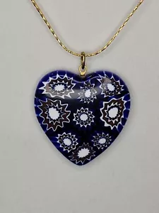 Vintage Millefiori Large Heart Pendant Necklace Gold Tone Chain 24"  - Picture 1 of 10