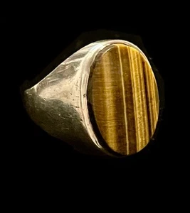VINTAGE MENS STERLING SILVER LARGE OVAL TIGER’S EYE RING ~SIZE 9 - Picture 1 of 15