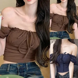 Fashionable Off Shoulder Puff Sleeve T Shirts for Women Perfect for Holidays - Picture 1 of 36