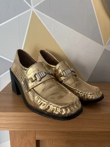 Ladies ASOS Gold Mock Croc Loafers Heels Shoes Size 7 Block Heel - Picture 1 of 7