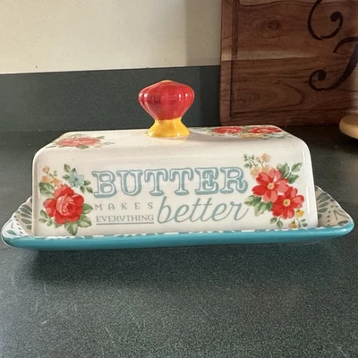 Plato de mantequilla floral "La mantequilla lo hace todo mejor" Pioneer Woman con tapa *leer Foto 1 de 4