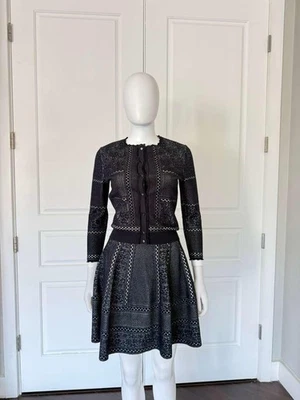 ALEXANDER MCQUEEN Navy & White Patterned Knit Button Cardigan And Skirt Set XS/S - Image 1 of 4