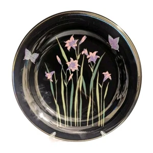Handbemalte schwarze Platte mit goldenem Rand lila Blumen 10,5" Japan - Bild 1 von 9