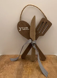 Spoon/Spatula/Knife Wooden Wall Hanging Black White Gingham Ribbon “Yum” - Picture 1 of 3