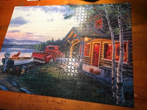 Buffalo Cabin Fever 1000 Piece Jigsaw Puzzle 26 x 19 RED Truck Lake Scene EUC - Picture 1 of 4