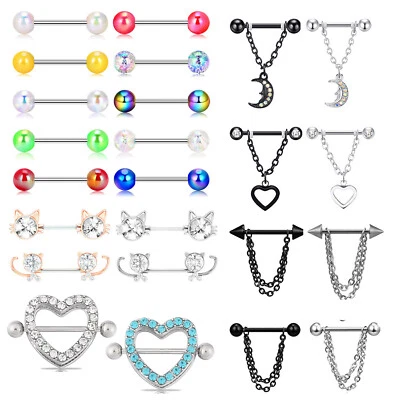 Par de anillos de lengua rectos con barra colgante cadena protector pezón acero quirúrgico 14G Foto 1 de 4