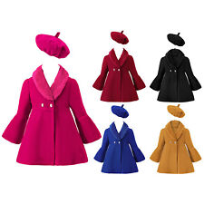Girls Winter Windproof Coat Jacket Kids Warm Outerwear Pea Coat with Beret Hat