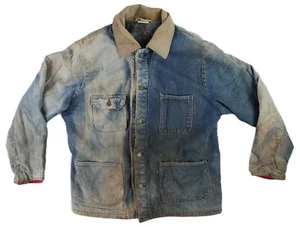 KEY Men’s 2XL Blue Cotton Denim Blanket Lined Trucker Jacket DISTRESSED - Picture 1 of 14