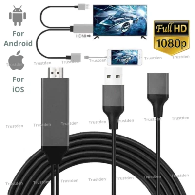 HDMI Mirroring Cable Phone to TV AV USB Adapter For iPhone iPad Android Samsung - Image 1 of 4