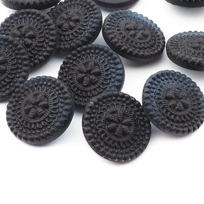 Lot (12) Czech vintage black lacy look floral glass buttons 18mm - Image 1 of 3