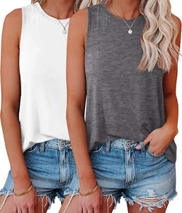Womens Tank Tops 2 Pack Crew Neck Sleeveless Beach Casual Summer Shirts - Picture 1 of 6