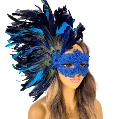 Feather Masquerade Mask Carnival Mardi Gras Party Mask Blue - Image 1 of 4