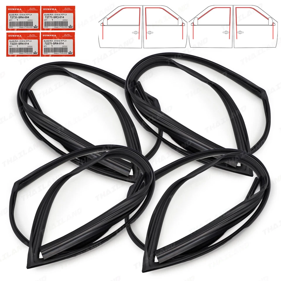 Juego de puertas de sello de goma de canal de funcionamiento de vidrio de 4 puertas para Honda Civic Sedán 1992 1995 Foto 1 de 4