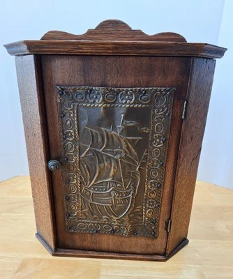 Antique Wood Brass Nautical Corner Hanging Wall Cabinet  PROVENANCE - Image 1 of 4