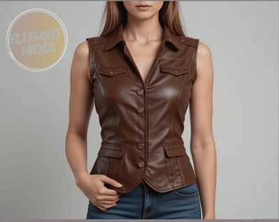 Genuine Leather Vest for Women | 100% Real Sheep Leather Brown Waistcoat Vest - Image 1 of 3