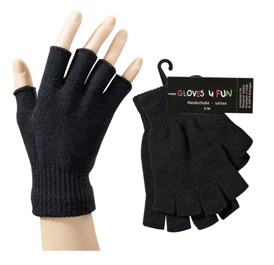 HANDSCHUHE DAMEN HALBFINGER HANDSCHUHE DAMEN FINGERLOSE STRICKHANDSCHUHE SCHWARZ - Bild 1 von 1