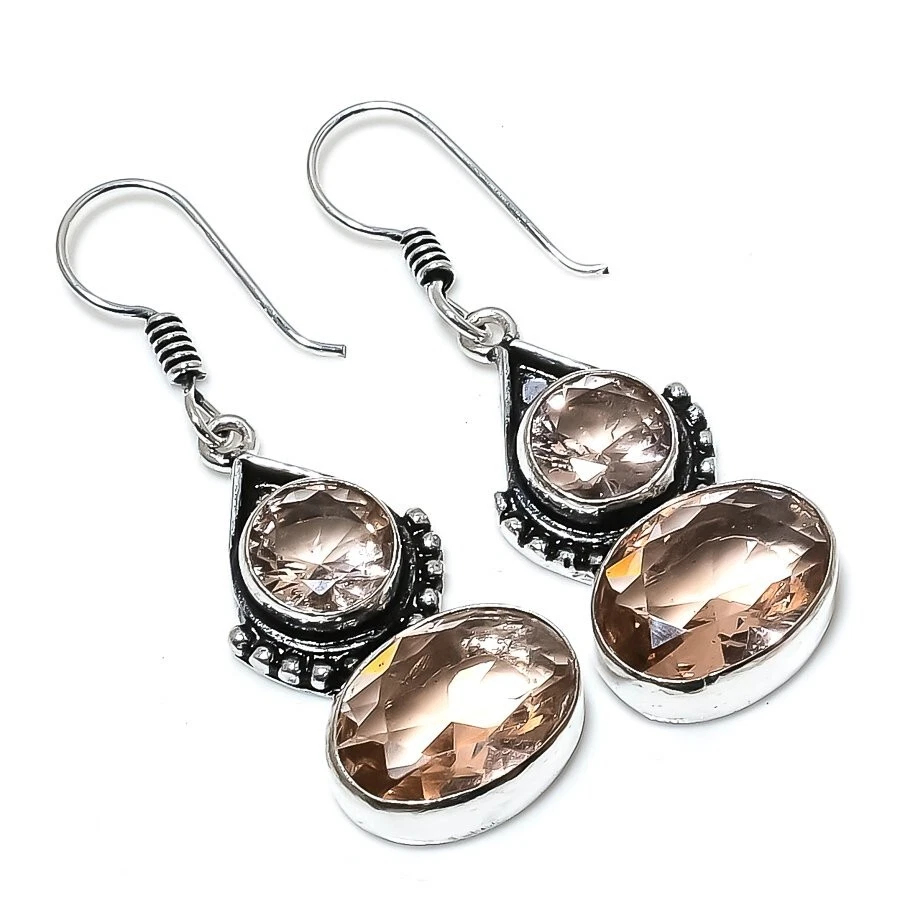 Peach Morganite Gemstone Handmade 925 Sterling Silver Jewelry Earrings Size 1.4" - Image 1 of 1