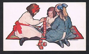 Prudential Insurance Sammelkarte ~ Mädchen spielen mit Blöcken ~ signiert K. Gassaway - Bild 1 von 2