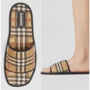 NEW BURBERRY Beige Nova Check Quilted Lambskin Leather Flat Slides Size EU38 - Picture 1 of 14