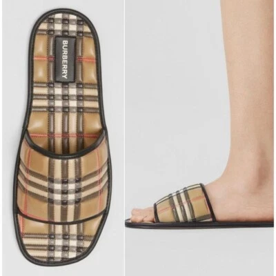 NEW BURBERRY Beige Nova Check Quilted Lambskin Leather Flat Slides Size EU38 - Image 1 of 4