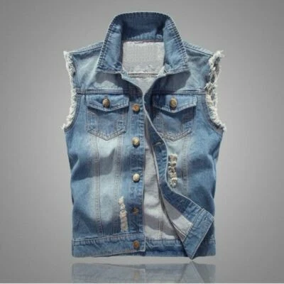 Gilet homme jean vestes sans manches déchiré denim gilet camionneur manteau vieilli - Photo 1/4