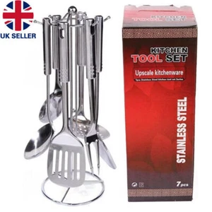 7 Piece Kitchen Utensils Cooking Tool Set with Hook Stand Holder Stainless Steel - Picture 1 of 11