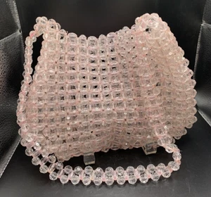 Vintage Handmade Beaded Bag PINK Heavy Acrylic Faceted Round & Oval Beads - Picture 1 of 21