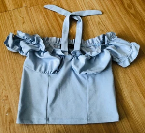 Light-Blue Halterneck Short Sleeve Crop Top ~ Size 8 - Picture 1 of 2
