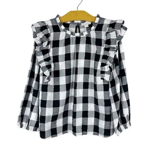 J Crew Crewcuts Ruffle Buffalo Plaid Black White Shirt Metallic Thread Size 12 - Picture 1 of 13