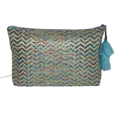 Bolso de Cosméticos Lancome Paris Maquillaje Azul Beige Tejido Paja Cremallera Borla Boho Chic Foto 1 de 4