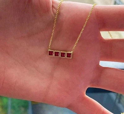 1.00Ct Princess Cut Lab Created Red Ruby Women's Necklace 14K Yellow Gold Plated - Image 1 of 3
