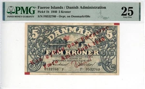 Färöer Inseln 5 Kronen vorläufige Währung Banknote 1940 PMG 25 sehr schön - Bild 1 von 4