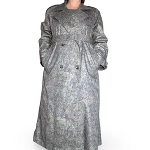 Vintage 70s London Fog Floral Jacquard Trench Coat Gray Purple Belted 10 Petite - Picture 1 of 17
