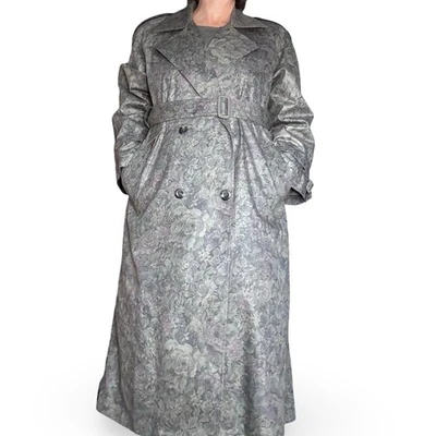 Vintage 70s London Fog Floral Jacquard Trench Coat Gray Purple Belted 10 Petite - Image 1 of 4