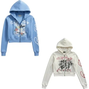 Ed Hardy Cropped Hoodie Zip Up | Baby Blue Tattoo Bird & Rose or Ivory Horses - Picture 1 of 9