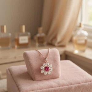2Ct Round Lab Created Pink Ruby Diamond Flower Pendant 14K Yellow Gold Plated - Picture 1 of 6