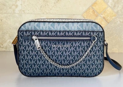 Michael Kors Jet Set Item EW Zip Chain Crossbody Bag MK Silver Glitter Navy - Image 1 of 4
