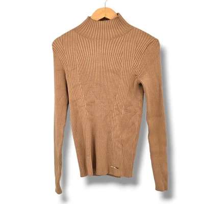 Elie Tahari Ribbed Knit Mock Neck Long Sleeve Sweater Camel Size Large - Image 1 of 4