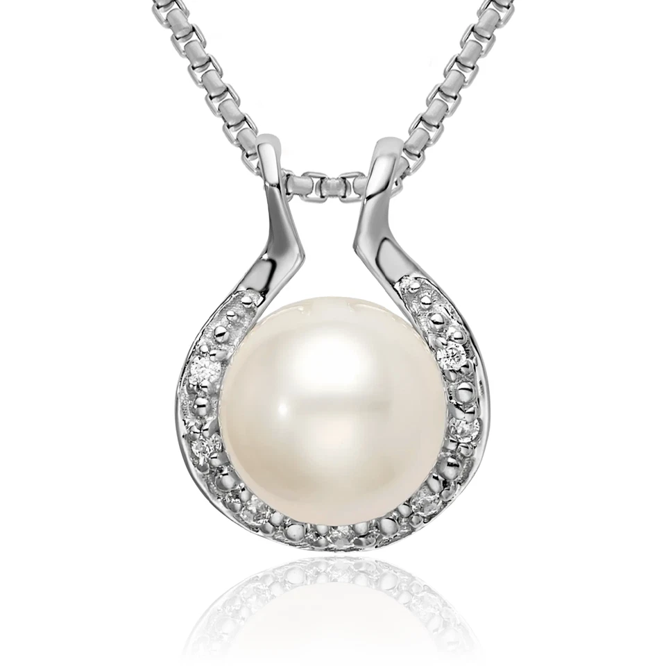 14K Solid White Gold Freshwater Cultured Pearl Diamond Floating Chain Slide ... - Image 1 of 1