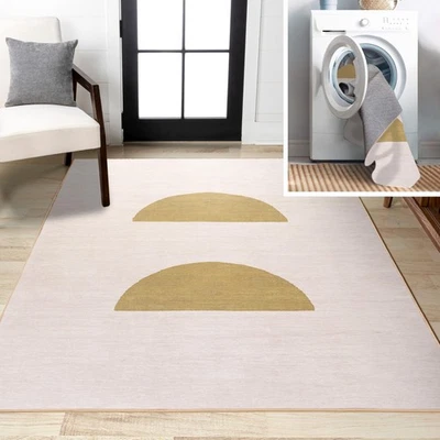 Machine Washable Cream/Moss Indoor Area Rug 9X12 ft, Luola Minimalist Geometr... - Image 1 of 4