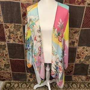Kimono Johnny Was de seda con retazos para mujer 2XL XXL colorido floral frente abierto - Imagen 1 de 14