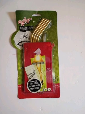 A Christmas Story Reutilizable 4 paquetes Acero Inoxidable Dorado Metal Pajitas Bolsa Cepillo NUEVO Foto 1 de 2